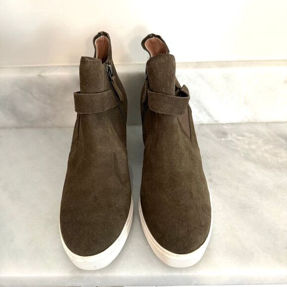 Linea Paolo Suede Side Zip Freshton Wedge Sneaker Booties Dark Taupe Size 7.5 - Picture 2 of 6